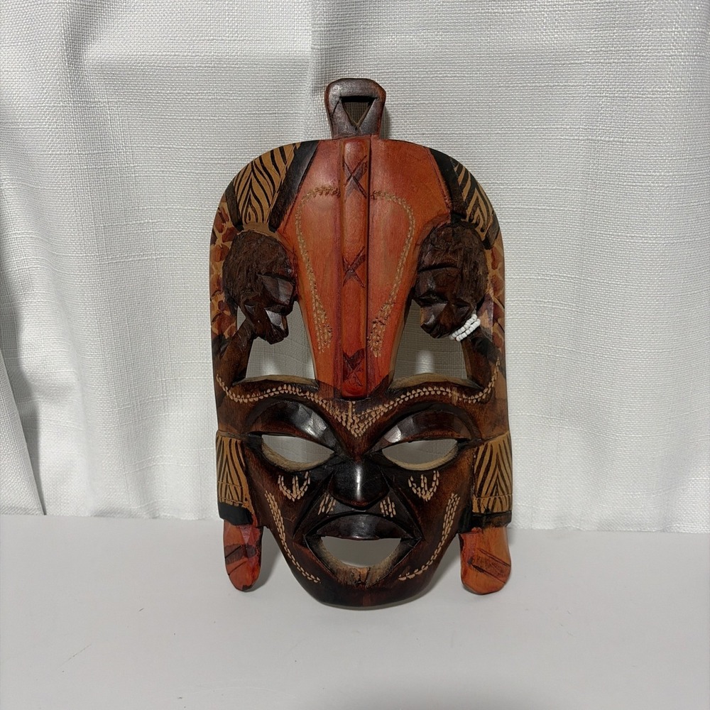 Vintage Jambo Kenya E. Africa Tribal Wooden Mask Hand Carved & Painted